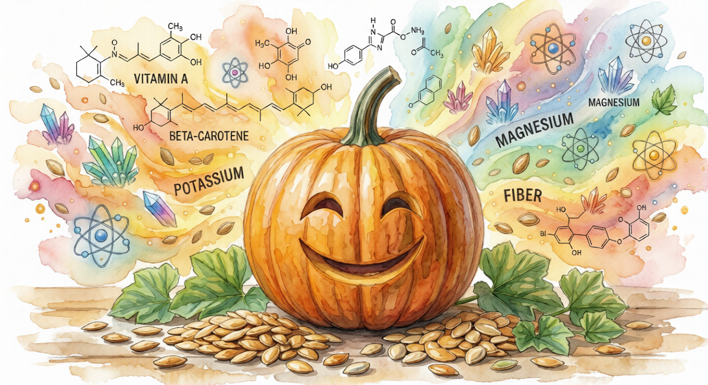A cheerful smiling pumpkin surrounded by watercolor illustrations of minerals, seeds, and chemical structures representing Vitamin A, Potassium, and Magnesium.