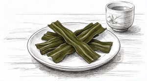 A minimalist green pencil drawing of thick, flat dried kombu seaweed superfood strips on a simple circular plate outline, styled as a botanical sketch on cream-colored paper.