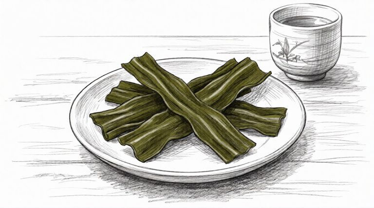A minimalist green pencil drawing of thick, flat dried kombu seaweed superfood strips on a simple circular plate outline, styled as a botanical sketch on cream-colored paper.
