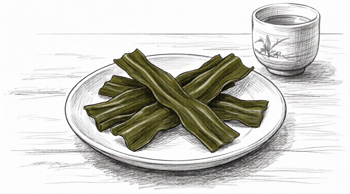 A minimalist green pencil drawing of thick, flat dried kombu seaweed superfood strips on a simple circular plate outline, styled as a botanical sketch on cream-colored paper.