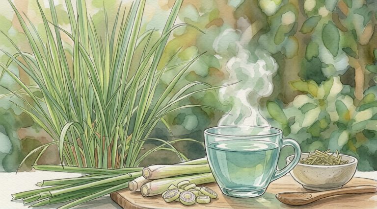 Tall cluster of fresh lemongrass, a steaming glass cup of tea, and sliced stalks on a wooden board, illustrating the detox and immunity benefits of this herbal superfood