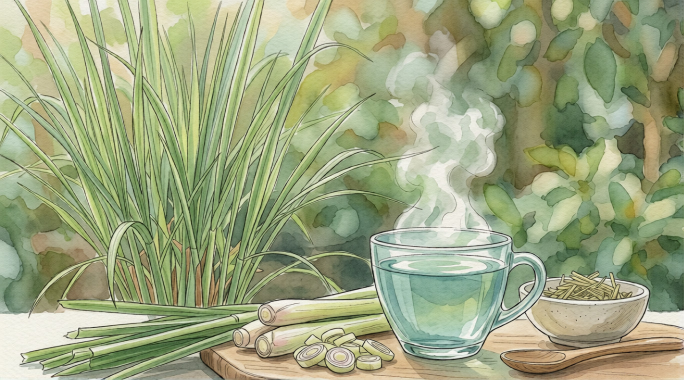 Tall cluster of fresh lemongrass, a steaming glass cup of tea, and sliced stalks on a wooden board, illustrating the detox and immunity benefits of this herbal superfood