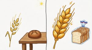 drawing showing a healthy ancient wheat stalk and rustic loaf of bread on the left, contrasted with a modern oversized wheat stalk and plastic-wrapped sliced bread on the right.