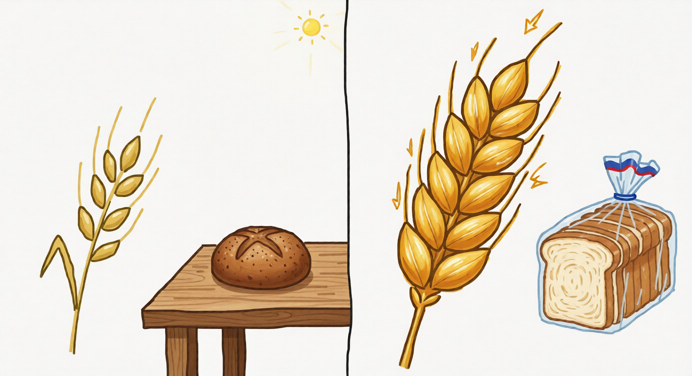 drawing showing a healthy ancient wheat stalk and rustic loaf of bread on the left, contrasted with a modern oversized wheat stalk and plastic-wrapped sliced bread on the right.