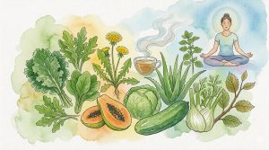 A vibrant collection of green juice, fresh papaya, aloe vera leaves, and fennel bulbs on a wooden table, representing natural healing for indigestion.