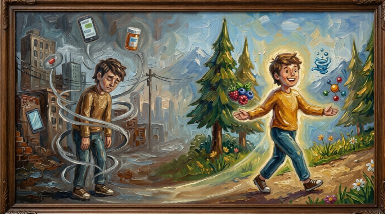 An oil painting showing a person’s transition from a gray, stressful city filled with digital distractions to a vibrant, sunlit forest. The healthy version of the person is surrounded by berries and molecular symbols, representing the healing power of nutrition and nature.