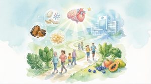 A peaceful watercolor scene featuring walking paths, fresh plant-based foods, medicinal mushrooms, and a heart symbol, representing holistic stroke prevention.