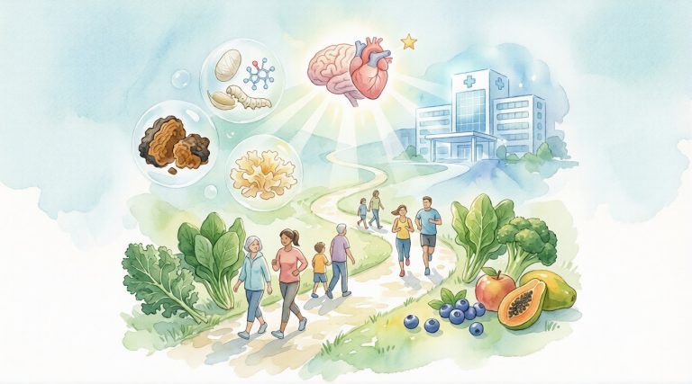 A peaceful watercolor scene featuring walking paths, fresh plant-based foods, medicinal mushrooms, and a heart symbol, representing holistic stroke prevention.
