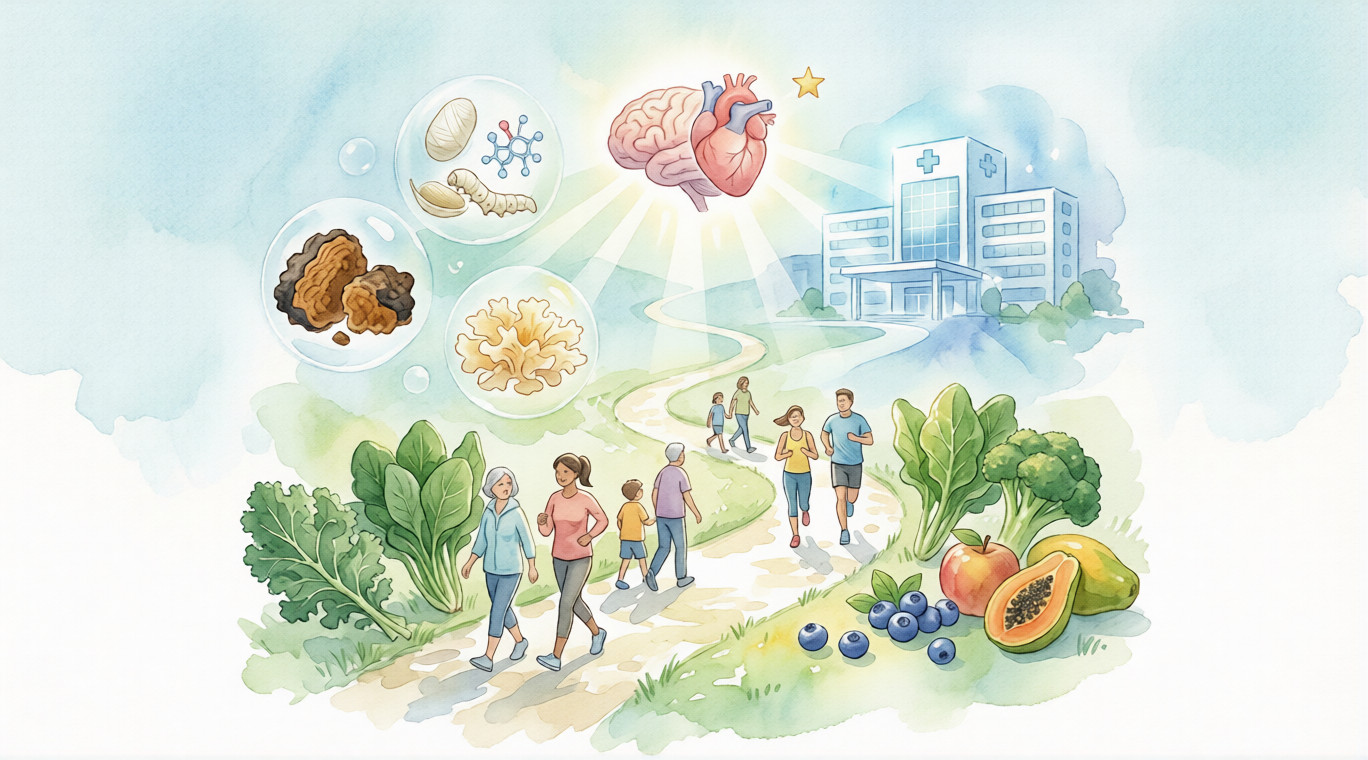 A peaceful watercolor scene featuring walking paths, fresh plant-based foods, medicinal mushrooms, and a heart symbol, representing holistic stroke prevention.