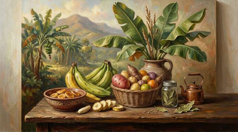 Oil painting still life showing fresh plantains on the left and a basket of potatoes on the right, illustrating the nutritional comparison between the two starchy staples.