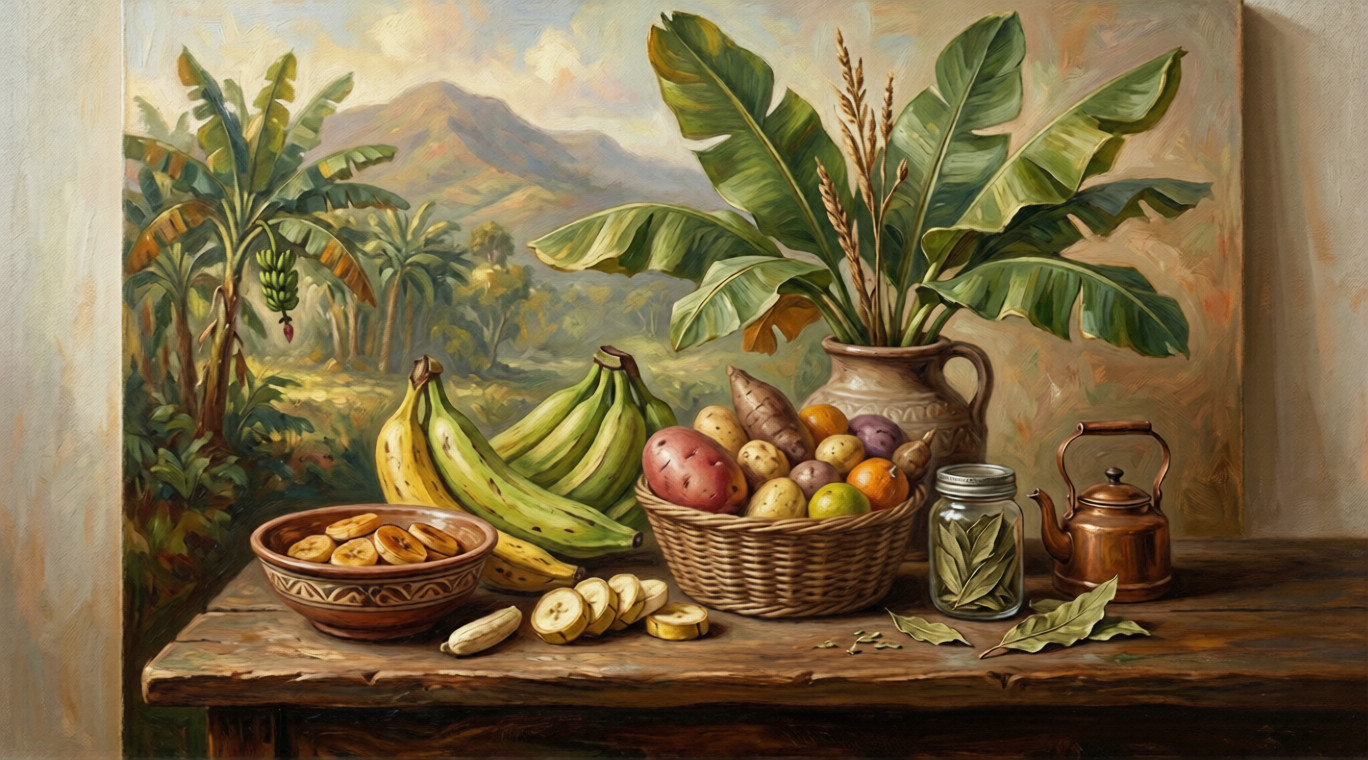 Oil painting still life showing fresh plantains on the left and a basket of potatoes on the right, illustrating the nutritional comparison between the two starchy staples.
