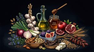 Sstill life of ancient superfoods including pomegranates, figs, raw honey, extra virgin olive oil, garlic, and heirloom grains.