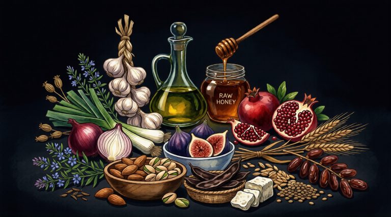 Sstill life of ancient superfoods including pomegranates, figs, raw honey, extra virgin olive oil, garlic, and heirloom grains.