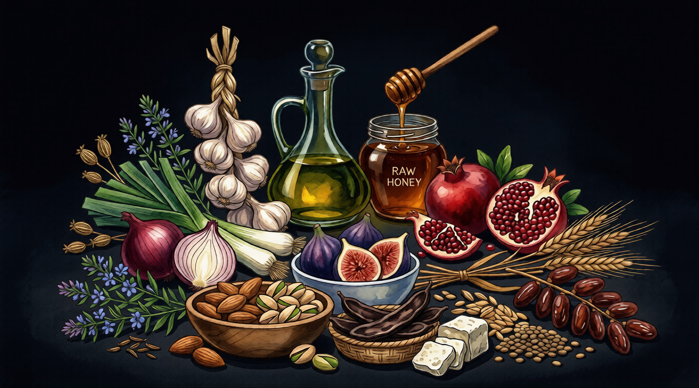 Sstill life of ancient superfoods including pomegranates, figs, raw honey, extra virgin olive oil, garlic, and heirloom grains.