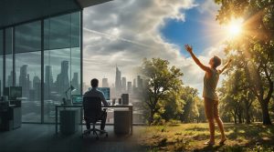 A juxtaposition of modern indoor life and natural outdoor sun exposure. On the left, a figure works in a dark office surrounded by green digital matrix code and EMF icons, looking out at a chemtrail-streaked sky. On the right, a healthy person stands in a sunlit forest with arms raised, synthesizing Vitamin D.