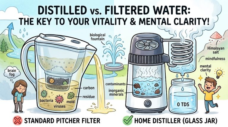 An infographic illustrating the health benefits of distilled water versus standard pitcher filtration. On the left, a standard filter pitcher leads to a sad figure with "brain fog" due to contaminants, viruses, and mold. Water from this pitcher is labeled "inefficient." On the right, a home distiller producing "0 TDS" water is shown. The distilled water leads to a happy figure with "mental clarity." Specific callouts highlight minerals and "total dissolved solids" that are removed by distillation but remain in filtered water. The header asks which is "THE KEY TO YOUR VITALITY & MENTAL CLARITY?" with a checkmark for distilled water and an X for standard filtration.